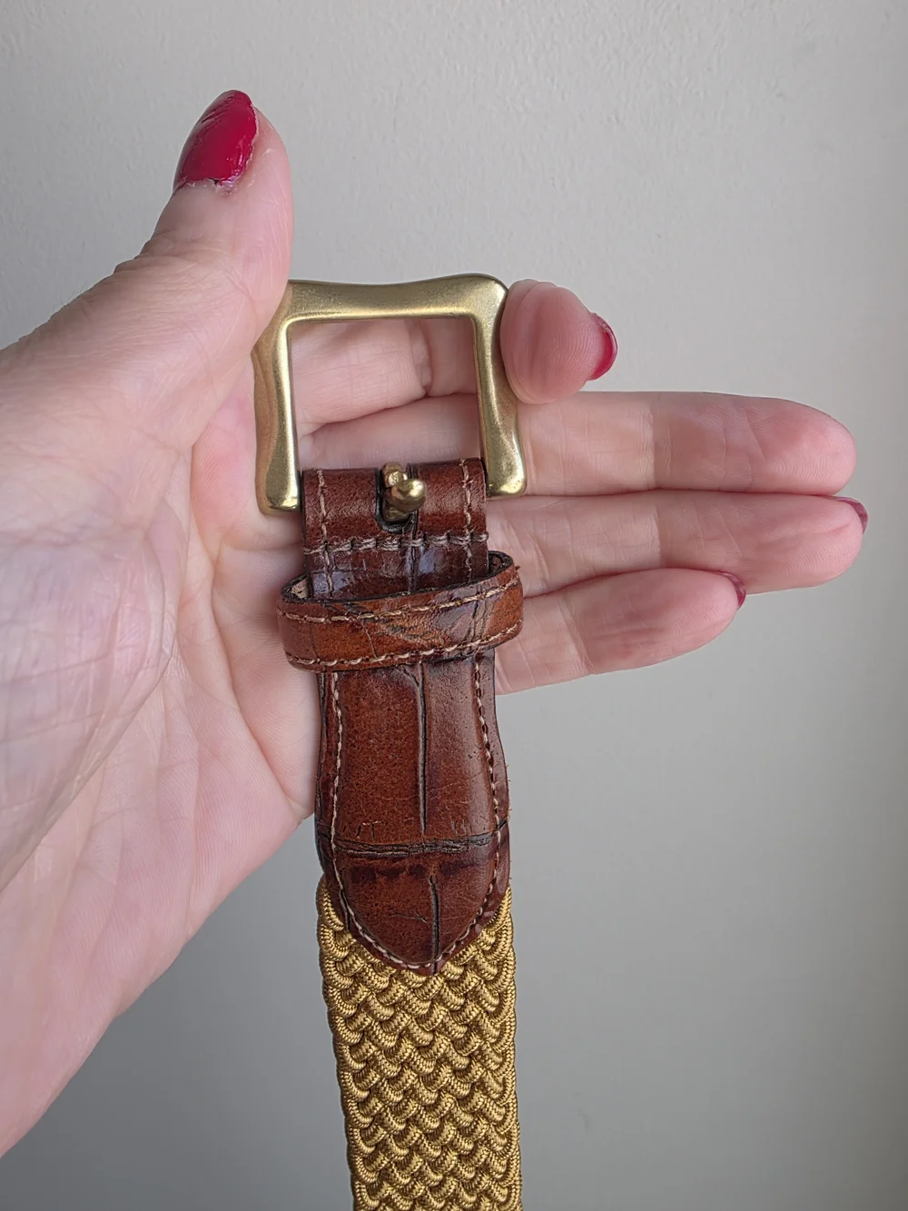 Martin Dingman Gold Woven Stretch Leather Trim Belt Size 42 Hand Made USA
